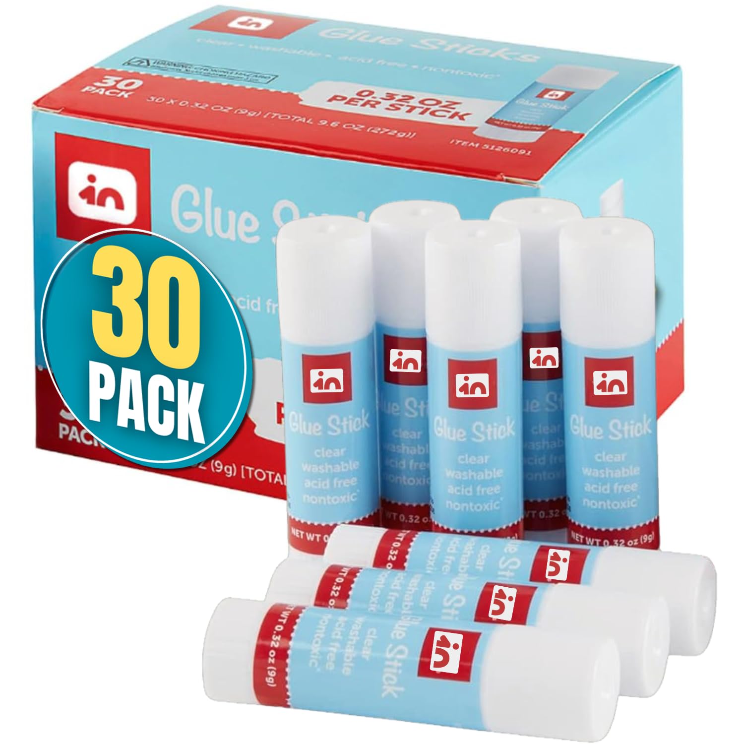 1InTheOffice Glue Sticks for Kids, School Glue Sticks, Clear, Washable, 0.32oz, 30 Pack