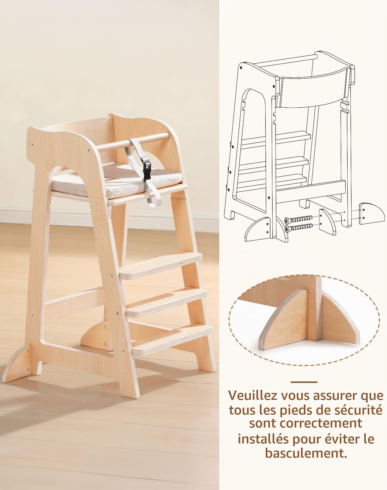 ROBUD Chaise Haute Multifonctionnelle en Bois, pour Enfant 6M+ à 40kg, avec Coussin Amovible & Harnais, Siège Évolutif avec Repose-pieds & Hauteur Réglable, Bois Naturel