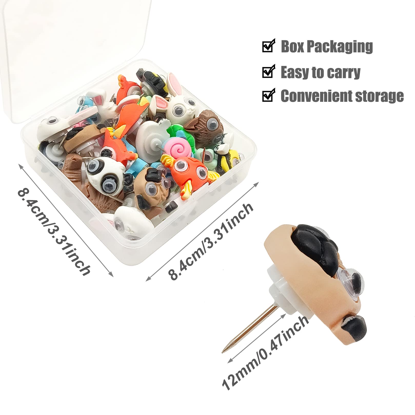 Mini chinchetas de empuje lindas chinchetas para el pulgar para tablero de corcho, pista decorativa y pin de abeja, tortuga, caracol, conejo, pez, cachorro, panda, zorro (animales, 30 piezas)