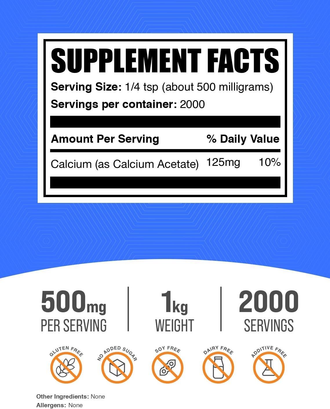 BulkSupplements.com Calcium Acetate Powder - Calcium Supplement, Food Grade - Pure & Gluten Free, 500mg per Serving, 1kg (2.2 lbs) (Pack of 1)