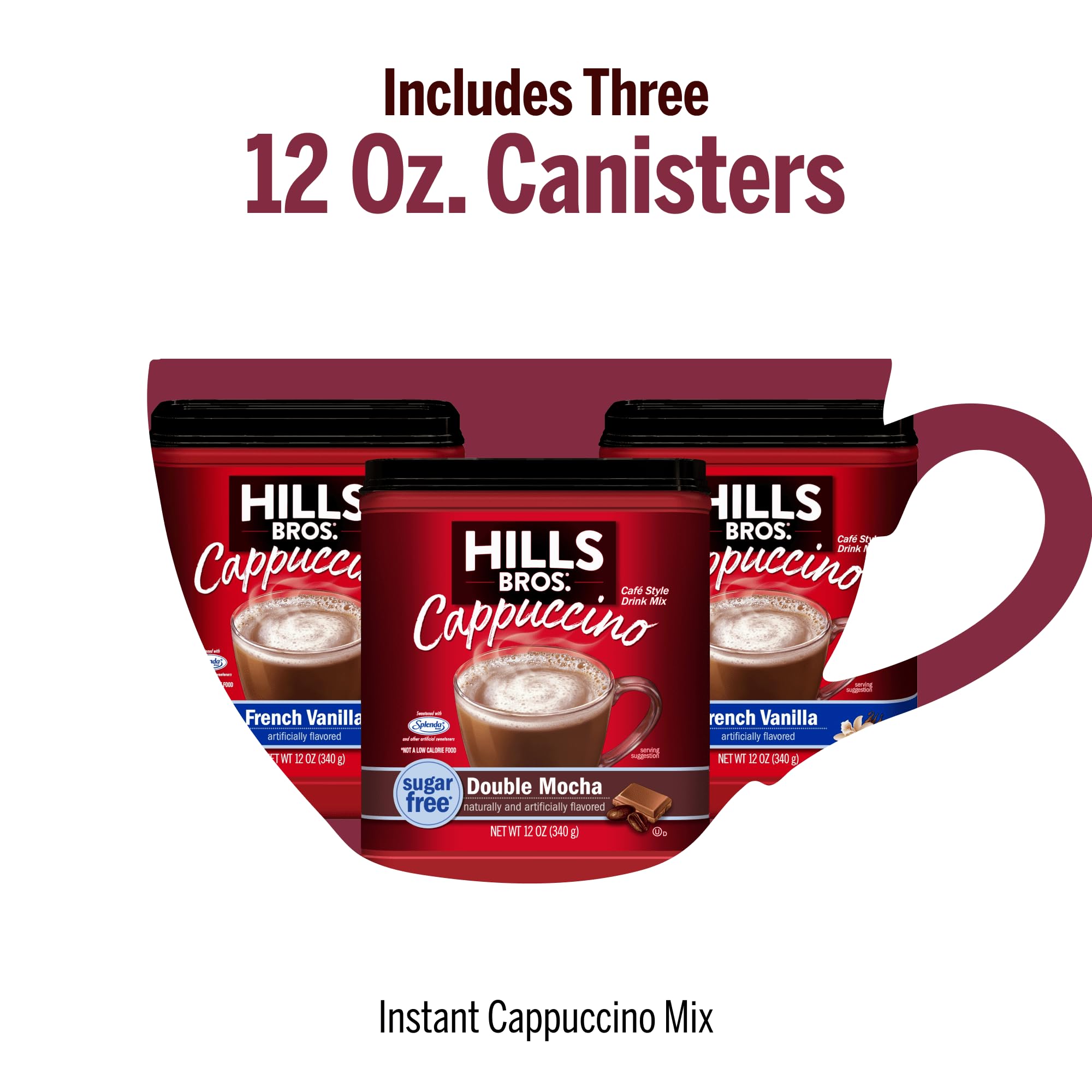 Hills Bros. Instant Cappuccino-Mischung, zuckerfreie französische Vanille und Doppel-Mokka-Variety Pack (340 ml, 3 Stück) – praktisch und vielseitig, sofort heißer oder Eiskaffee, schaumiger und