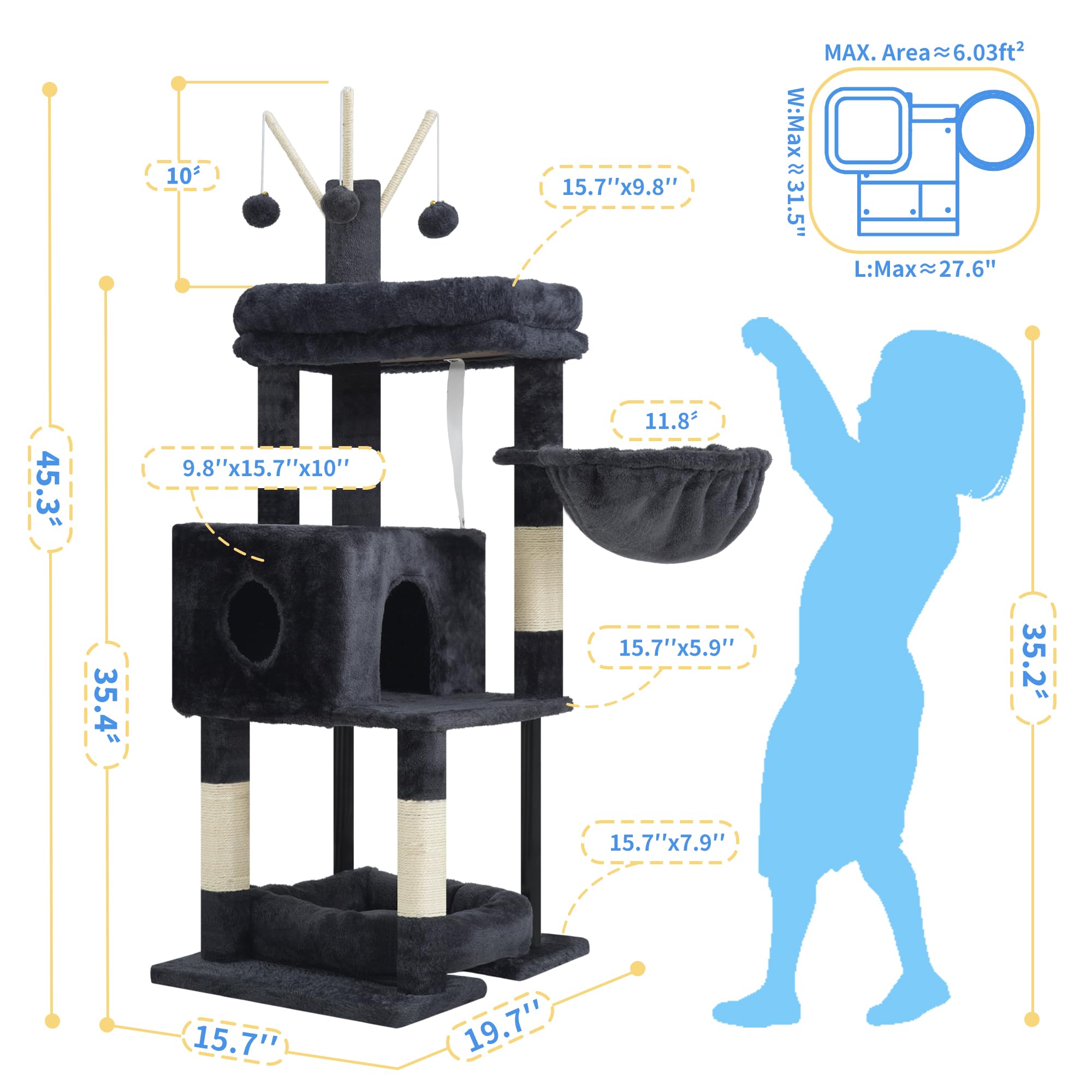 Heybly Tiragraffi per Gatti da Interno 115 cm, Albero per Gatti con Ampia Piattaforma, Cuccia Morbida, Nicchia Nascosta, Amaca, Torre con Tiragraffi e 3 Giochi Pendenti, Grigio Fumo HCT202SG