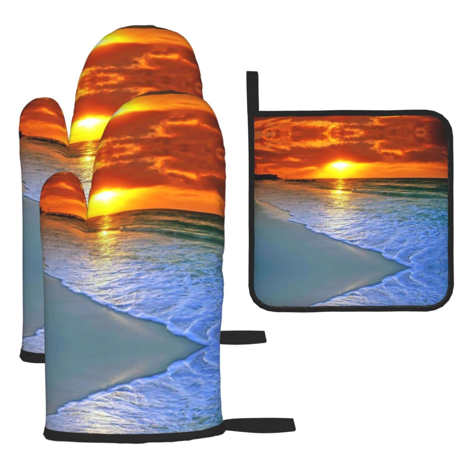 Beach with Sunset Oven Mitts and Pot Holder Kitchen Set for Grilling, Cooking, Baking, Heat Resistant