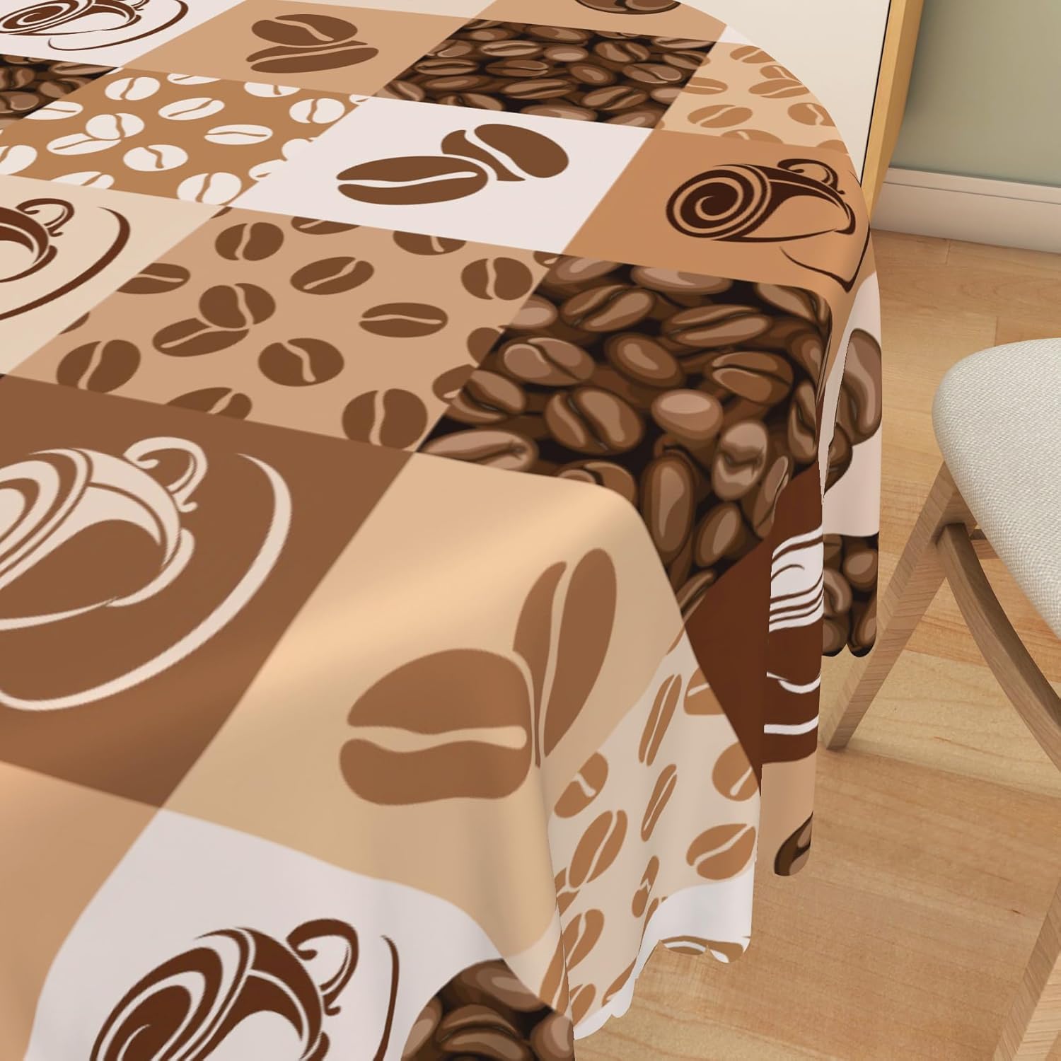 Coffee Themed Round Tablecloth 70 Inch Brown Coffee Beans Cups Print Fabric Table Cloth Polyester Waterproof Anti-Wrinkle Cafe Shop Table Cover for Cafe Farmhouse Dining Party Picnic Decor