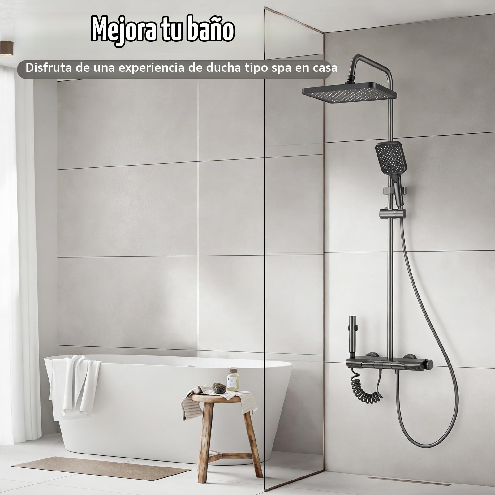 Columna de Ducha Gris Oscuro con Pantalla Digital, Sistema de Ducha con 4 Botones de Piano, Rociador Efecto Lluvia para Baño Moderno-D3