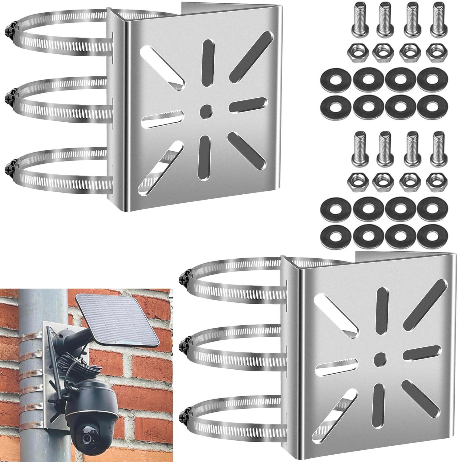 2 Set Support Universel pour Mât de Caméras de Surveillance, Montage Poteau Vertical en Acier Inoxydable avec Vis et 3 Brides Réglables, Support d’Angle pour Caméras CCTV, Panneaux Solaires