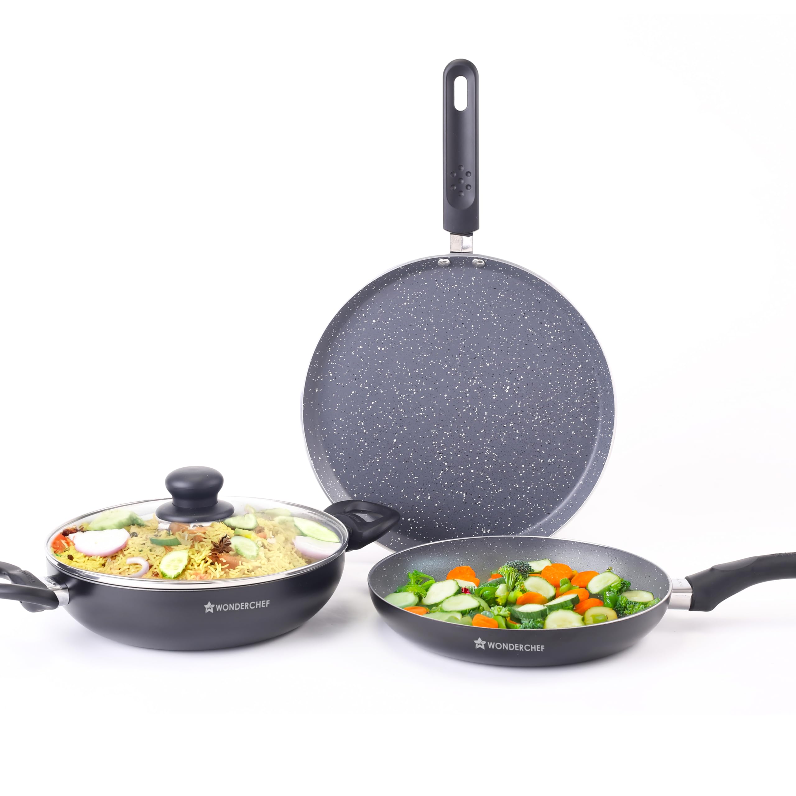 Wonderchef Sienna Non-Stick Cookware 4 Pc Set | Dosa Tawa, Fry Pan, Kadhai for Cutlets, Curries, Dosas | PFOA Free | Virgin Aluminium | Energy Efficient | Stylish Granite Finish | 2-Year Warranty