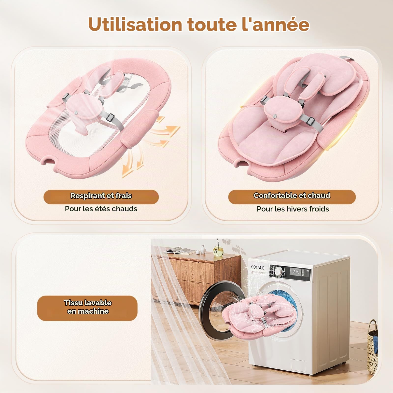 Dossier Réglable Transat Bébé Electrique, Balancelle Bébé Avec Coussin Amovible et Table D'appoint, Balançoire pour Baby avec 3 Minuteries et 5 Vitesses, 12 Mélodies, 3 Options D'alimentation (Rosa)