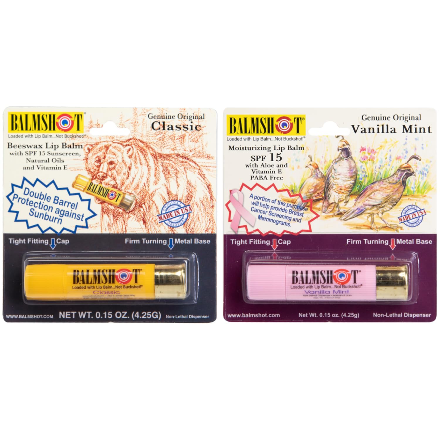 BALMSHOT Lip Balm 2-Pack of Classic Pure Pink Vanilla Mint - SPF 15 Beeswax Chapstick for Dry Chapped