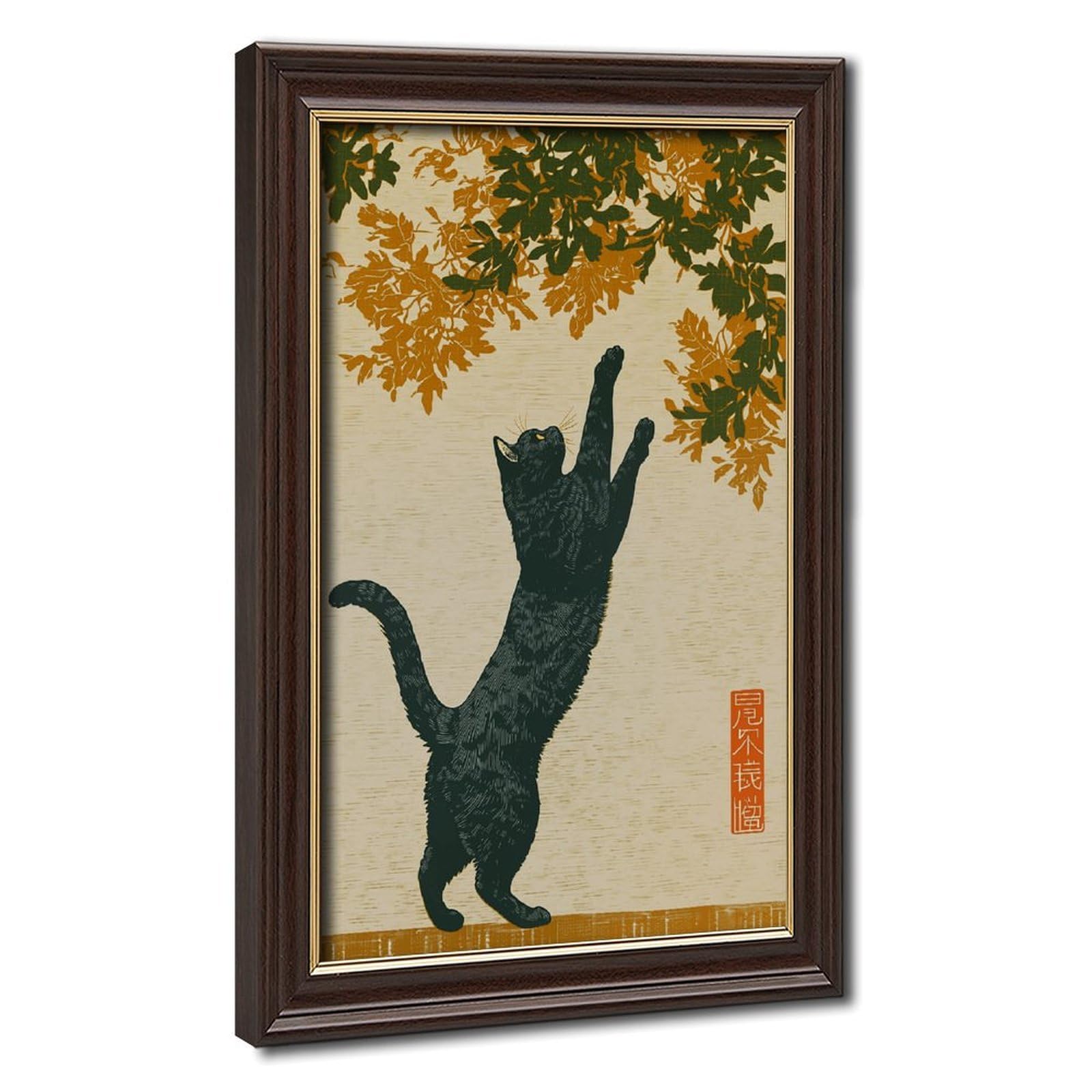 Black Cat Reaching Autumn Leaves Poster Canvas Poster for Office Decor Gift