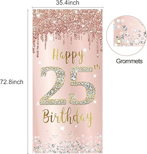 Miniatura 3 de Cartel decorativo para puerta de cumpleaños número 25 para mujer, cartel de fondo de cumpleaños de 25 años y suministros de fiesta de feliz