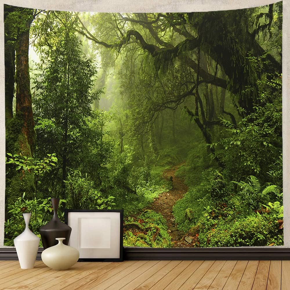 Forest Wall Tapestry Large Green Tree White Misty Nature Scenery Tapestry Wall Hanging Plants Path Psychedelic Landscape Tapestry for Bedroom Dorm Living Room Home Wall Art Decor (150x200cm,59"X79")