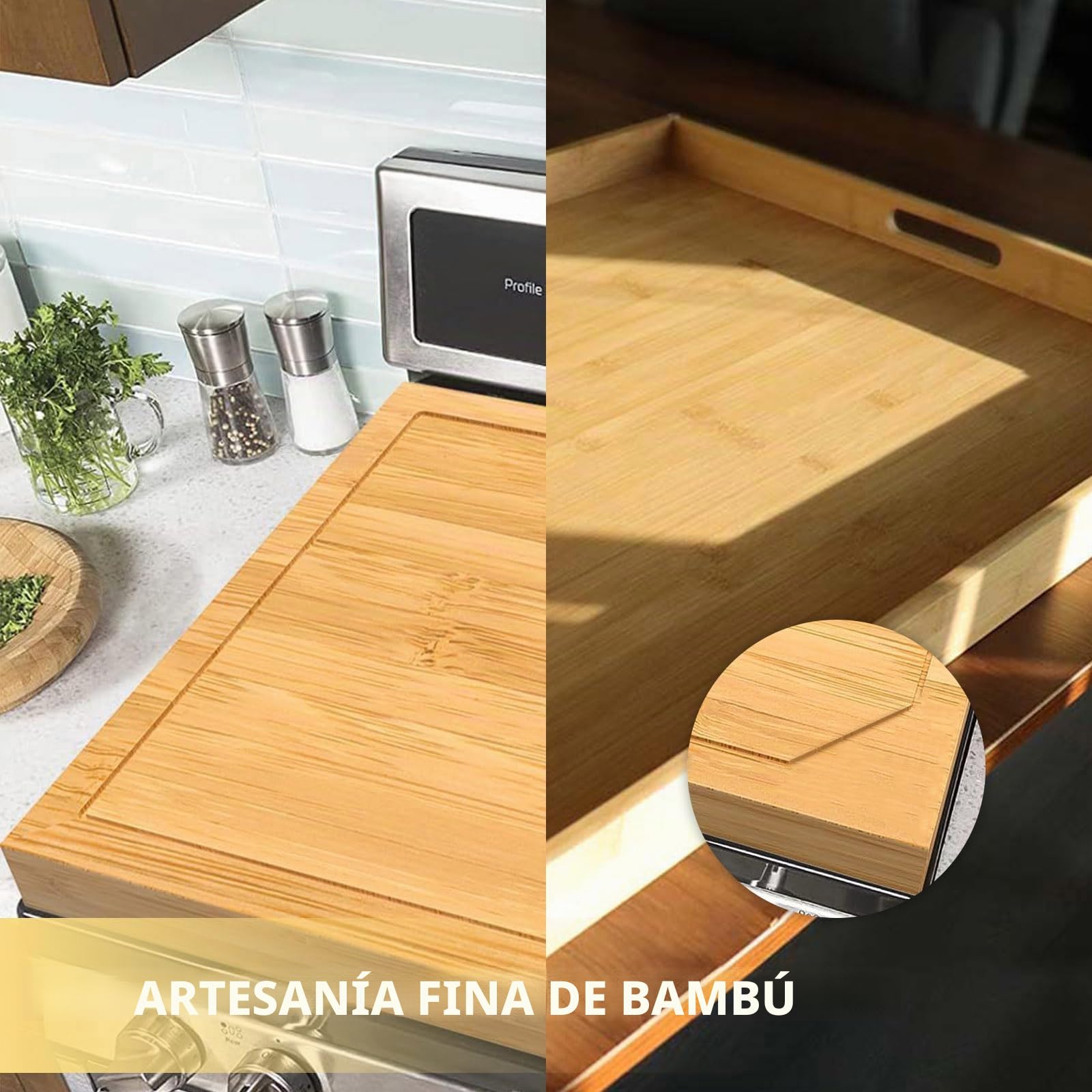 KATKLIU Tabla de Cortar Grande de Bambú 75×55 cm con Asas – Cubierta de Encimera Reversible para Cocina de Gas o Inducción, Protector de Superficie Fácil de Limpiar