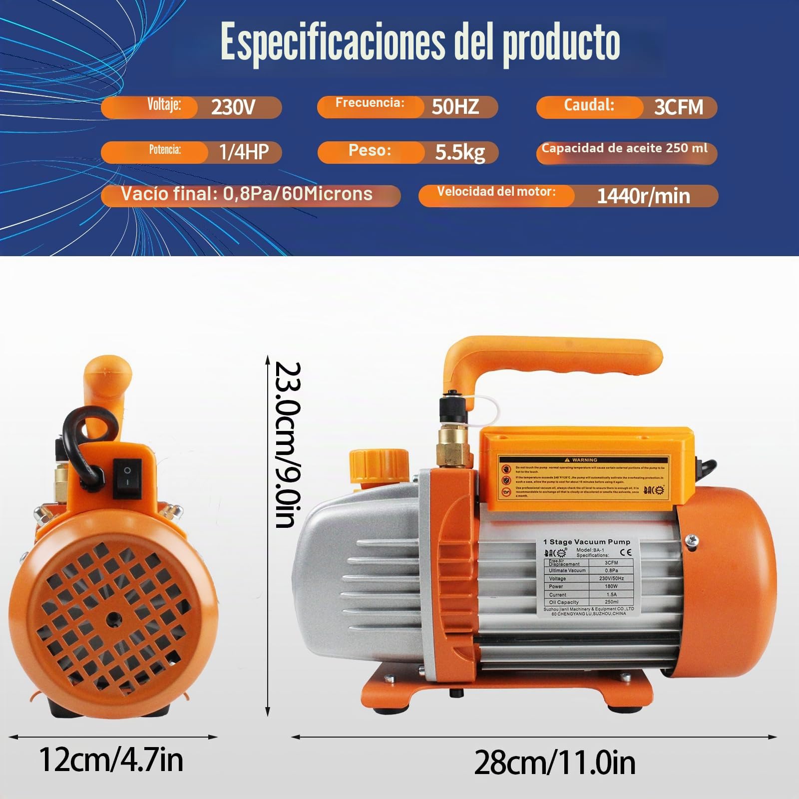 BACOENG Bomba de Vacío de Etapa Única 85 litros/min 0.8Pa 185W