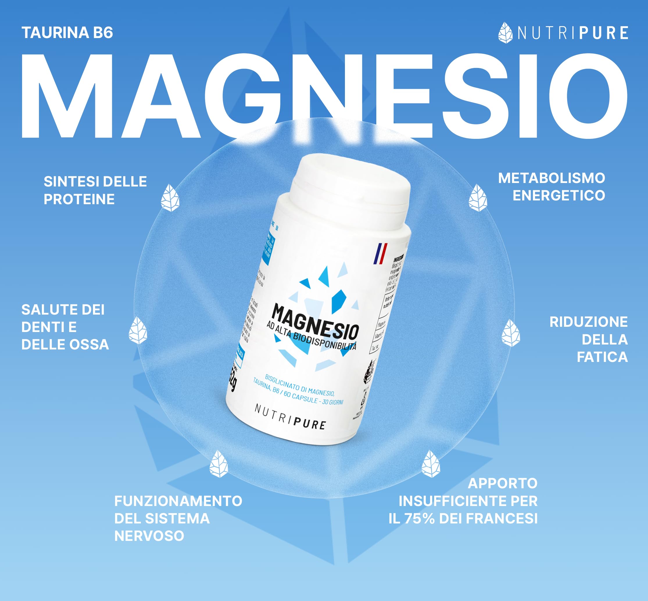 Magnesio bisglicinato + Taurina & Vitamina B6 | Integratori ad alto assorbimento | Contro la fatica, per la concentrazione | Vegan | 180 capsule | Trattamento di un 3 mesi | Made in France | Nutripure