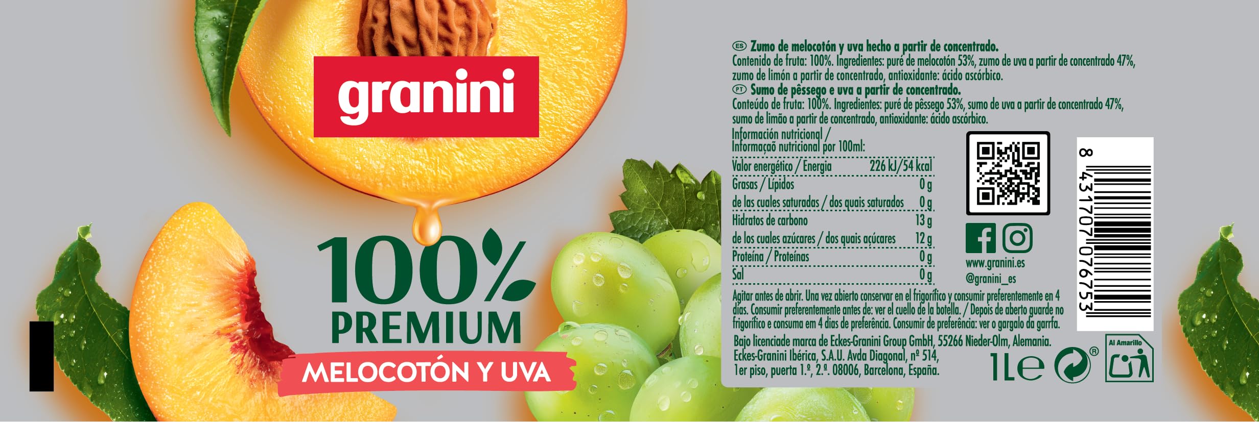 Granini Zumo de Melocotón y Uva Sin azúcares añadidos 1L 100% Fruta