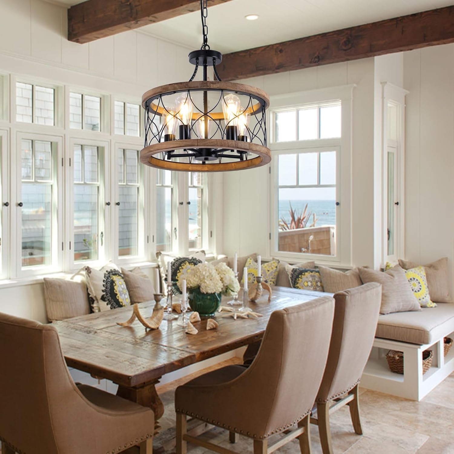5-Light Wood Farmhouse Chandelier for Dining Room,18" Rustic Drum Chandelier Light Fixtures with for Kitchen Island Entryway, Nature Wood Texture and Metal Frame Finished