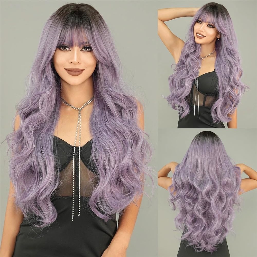 Perruque cheveux humains violet gris : reflets pastel et ondulations de prestige - 7