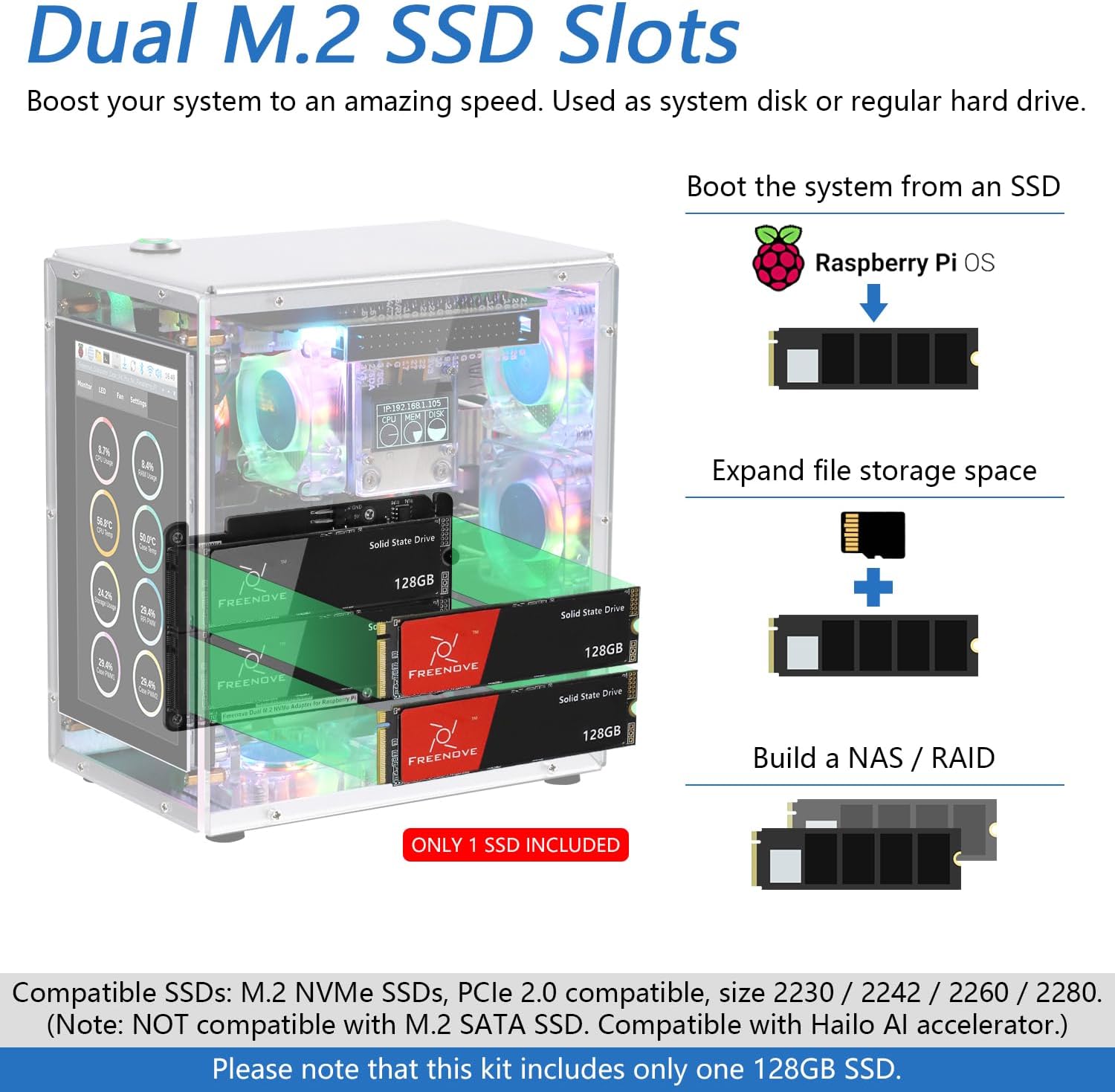 FREENOVE Raspberry Pi 5 Case Kit Pro (with 1x 128GB SSD), Dual M.2 NVMe SSD Slots, 5 PWM ARGB Fans Light Sync, CPU Tower Cooler, 4.3" Touchscreen, Stereo Speakers, 3.5 mm Audio