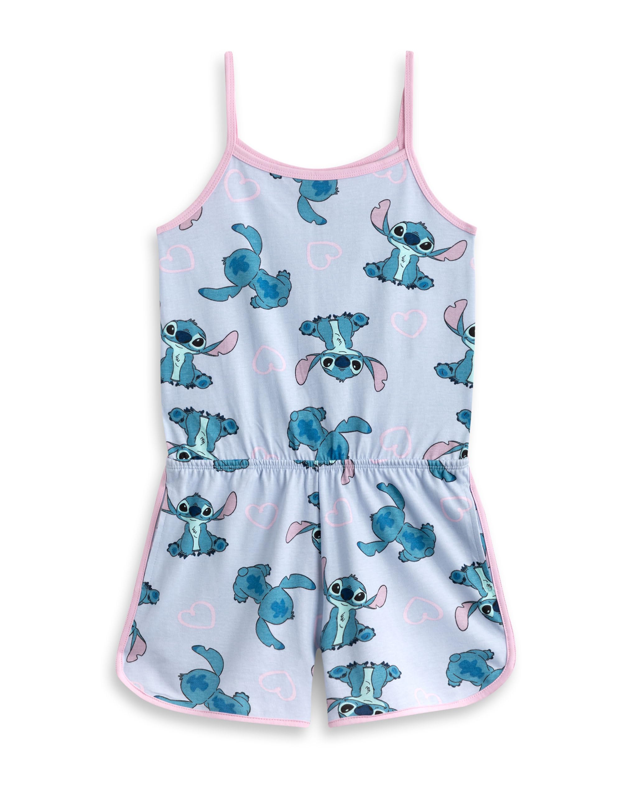 Disney Lilo & Stitch Girls Light Blue Sleeveless Playsuit | Stitch Character Print Summer Casual Outfit | Elasticated Waistband with Pockets | Cartoon Apparel for Children - 8-9 Years