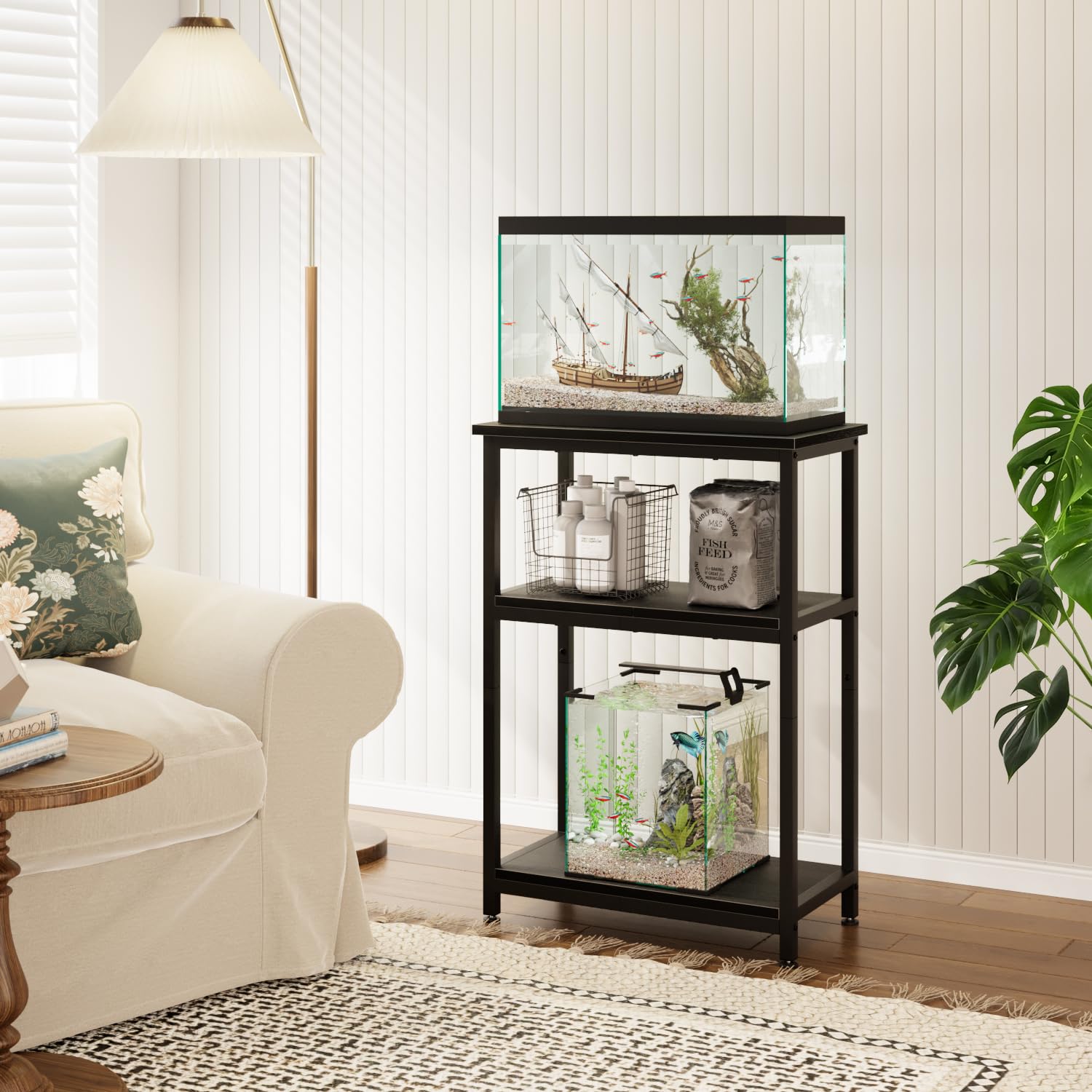 APPLOYN Support d'aquarium avec étagère de rangement à 3 niveaux, cadre en métal robuste pour tortue, reptile, terrarium, salon, 52,1 x 29 x 75,1 cm (L x l x H), noir