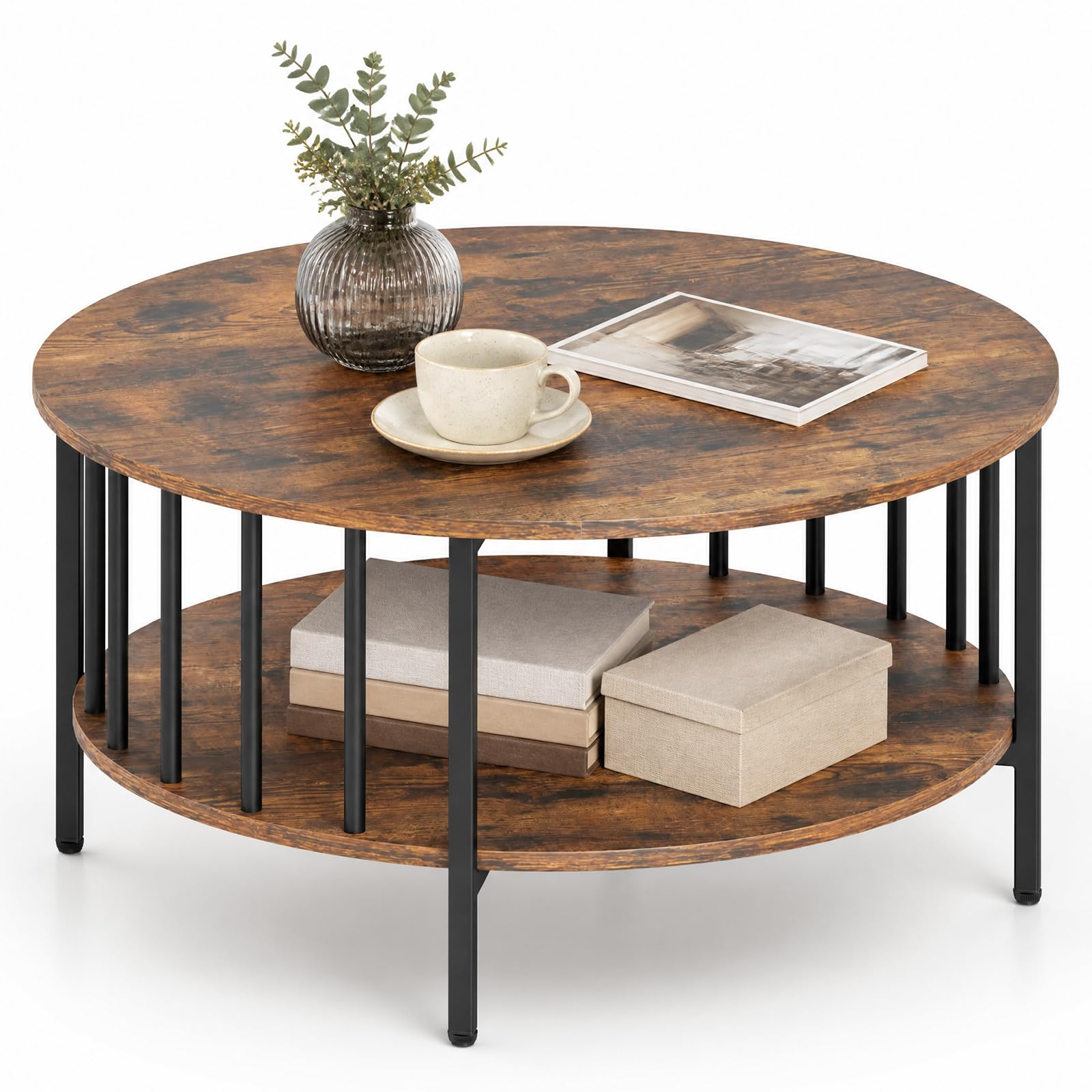 COSTWAY 2-Tier Round Coffee Table with Storage Shelf, Rustic Brown+Black