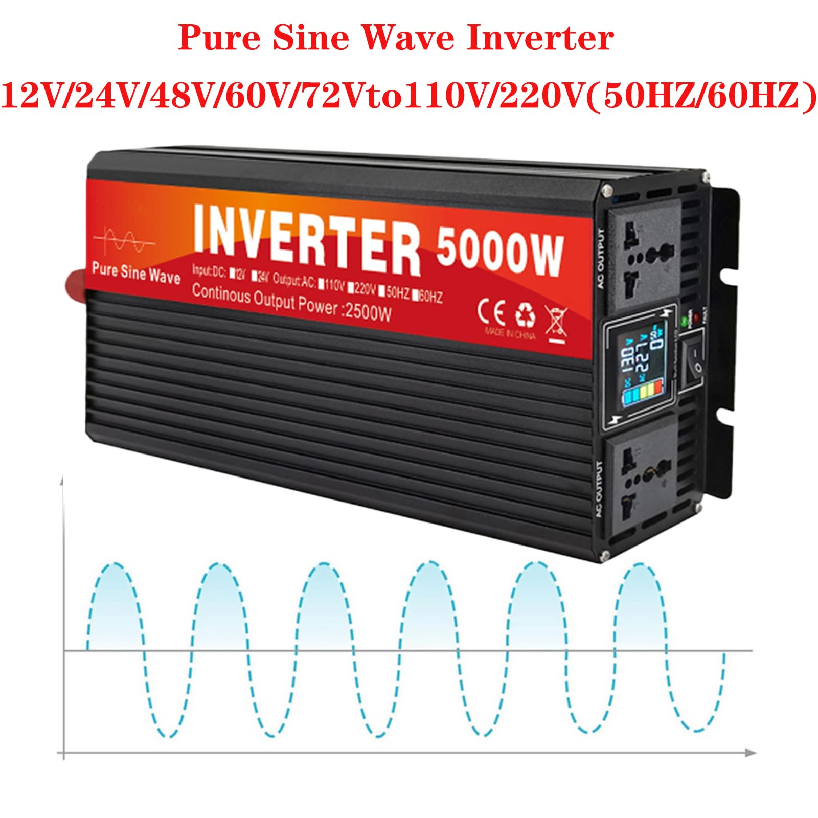 Onduleur à Onde sinusoïdale Pure 5000W 12V 24V Convertisseur 12V DC en 110V/220V AC pour Camping-Car, Camion, Solaire, Hors réseau, onduleur de Voiture avec écran LCD