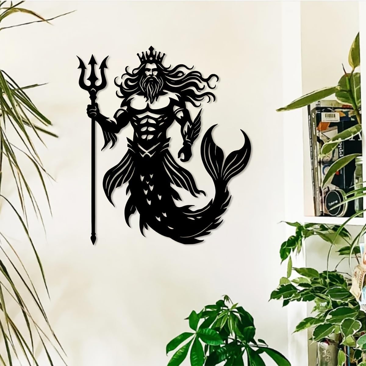 YBLCOZYC Merman King Metal Wall Art - 13.7"x15.7" Iron Coastal Decor with Poseidon Trident, Mythological Nautical Wall Sculpture for Beach House, Living Room - Unique Housewarming Gift for Ocean Lover