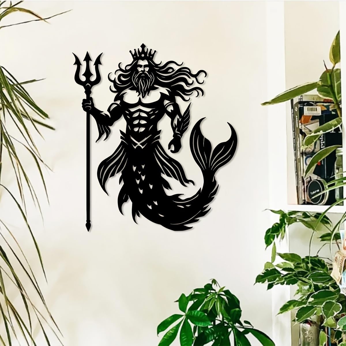 Decoración de pared abstracta contemporánea de metal, arte del Rey Tritón - 35 x 40 cm, estilo costero de hierro con tridente de Poseidón, escultura náutica mitológica para casa de playa, sala d