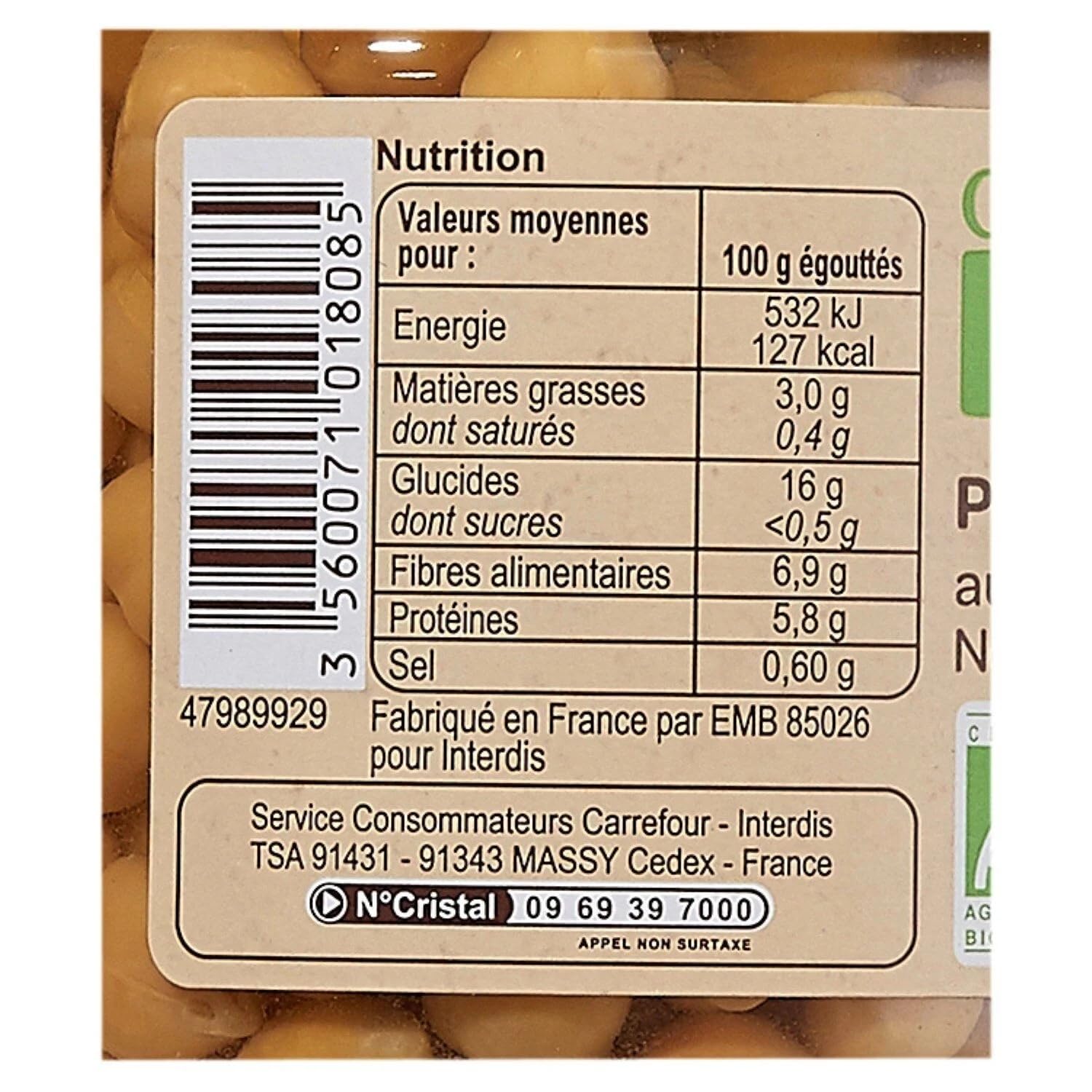 CARREFOUR BIO - Pois Chiches au Sel de Noirmoutier Bio - Cultivés en France - le bocal de 265g net égoutté - 410g - Le Lot De 4