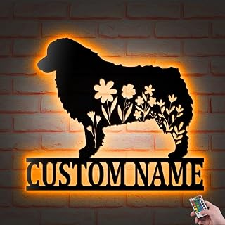 Custom Australian Shepherd Flower Metal Wall Art Led Lights, Personalized Aussie Name Sign Decoration For Home, Pet Dog Metal Decor