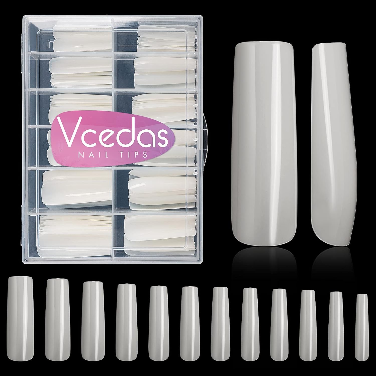 Vcedas 120PCS Extra Long Square Nail Tips Full Cover 1.73 Inch XL Square Press on Nails 12 Sizes Long French False Nail for Acrylic Nail (Natural)