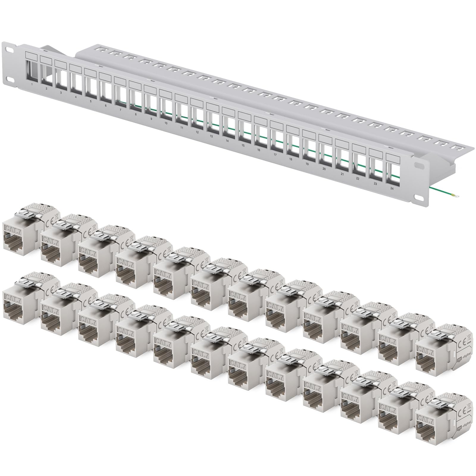 hb-digital Panel krosowy z 24 portami sieciowymi, panel krosowy 1 HE + 24 x CAT 7 Keystone Module RJ 45, gniazdo Jack do montażu na ścianie, kompatybilny z kablem instalacyjnym CAT 6, CAT 6a, Ethernet