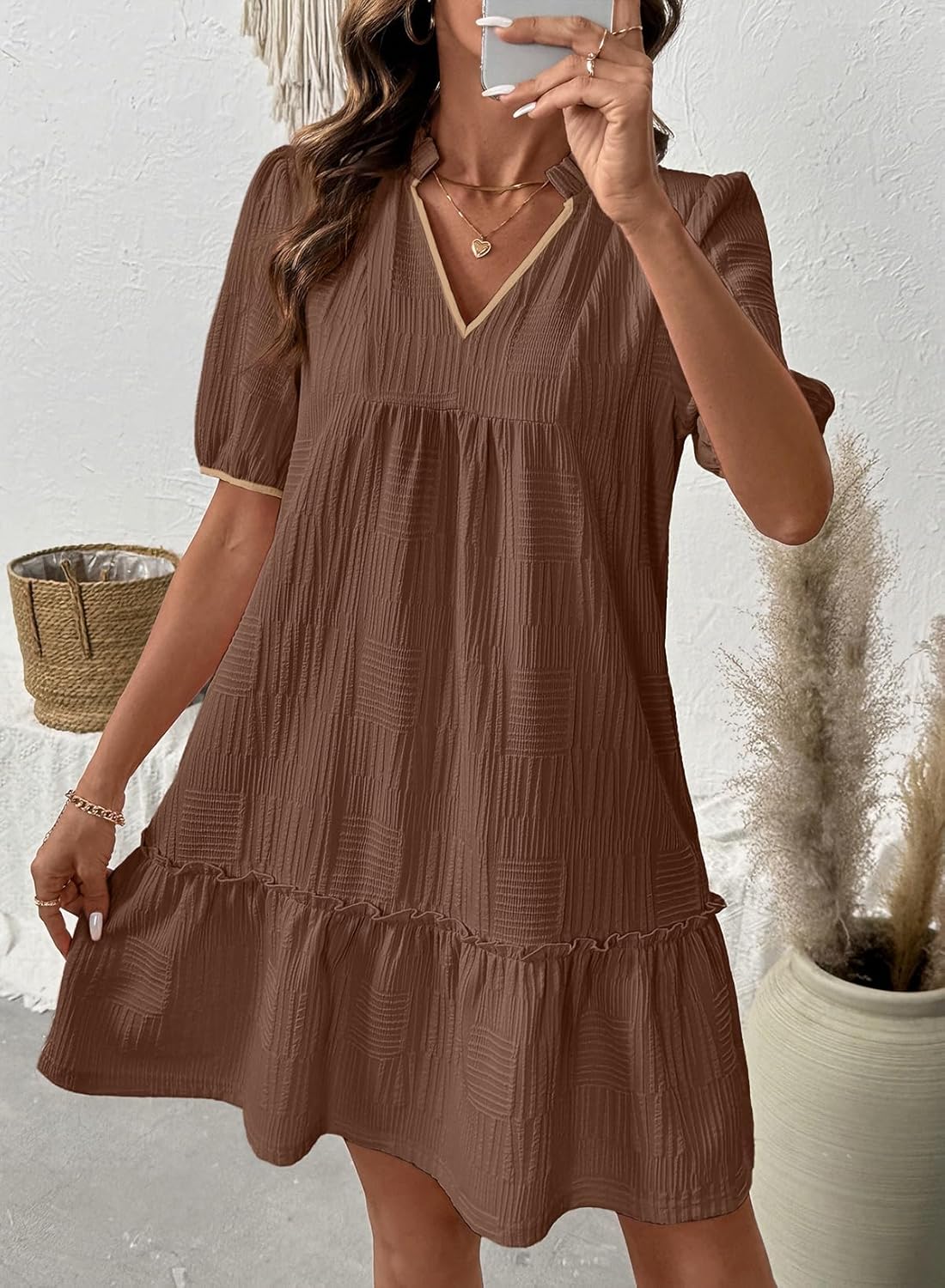 Dokotoo Summer Dresses for Women Casual V Neck Puff Short Sleeve Ruffled Solid Cute Babydoll Mini Dress with Pockets - Image 4