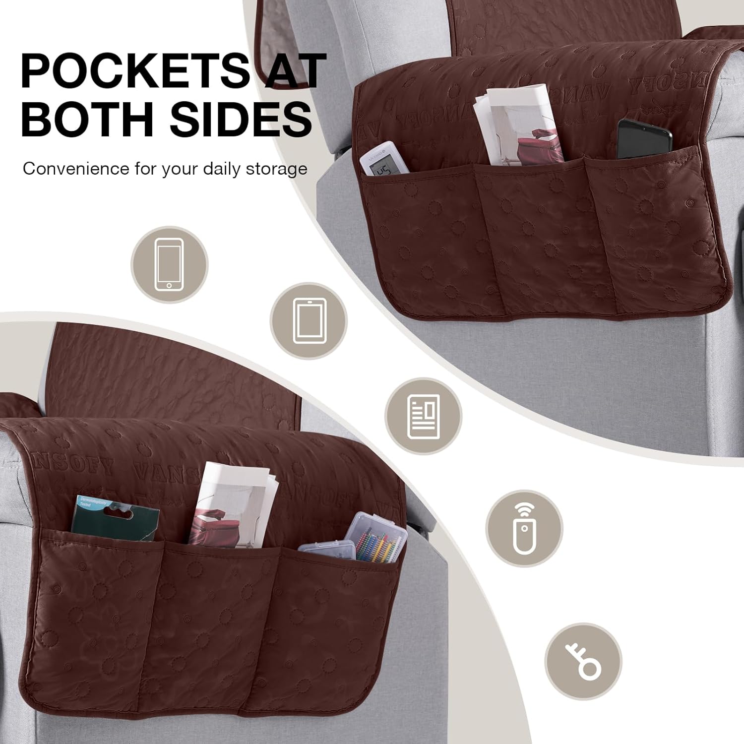 VANSOFY 100% Waterproof Recliner Chair Cover, Recliner Cover with Non-Slip Granule, Washable Reclining Chair with Pocket Furniture Protector for Kids, Pets(Coffee, 25")