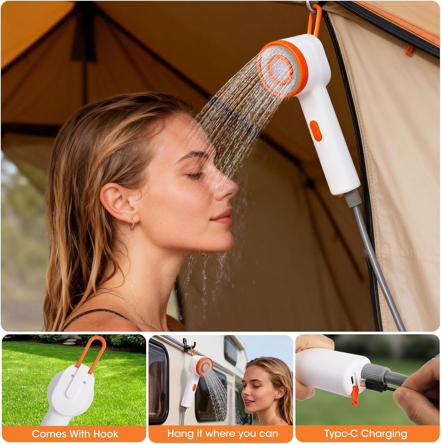 Portable Shower for Camping, 2500mAh Rechargeable Camp Shower Pump with Foldable Bucket and Light, Filtered Shower Head, Outdoor Shower Kit for Travel Pet Bath Car Washing, Wartering Plants