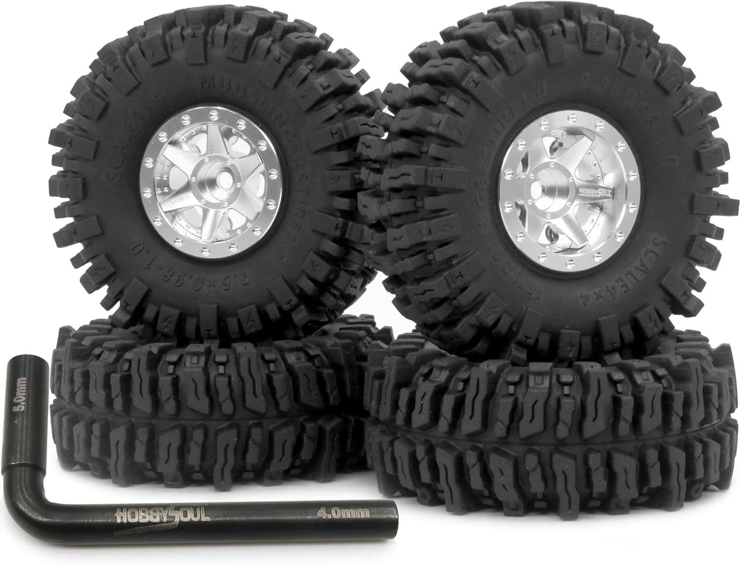 HOBBYSOUL 64 * 25mm Mud Slingers 1.0 Tires & Adjustable Negative Offset 1.0 beadlock Wheels 6 Spokes Rims for RC Crawler 1/18 TRX4M 1/24 SCX24 Gladiator Deadbolt