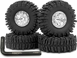 HOBBYSOUL 64 * 25mm Mud Slingers 1.0 Tires & Adjustable Negative Offset 1.0 beadlock Wheels Silver 6 Spokes Rims for RC Crawler 1/18 TRX4M 1/24 SCX24 Gladiator Deadbolt
