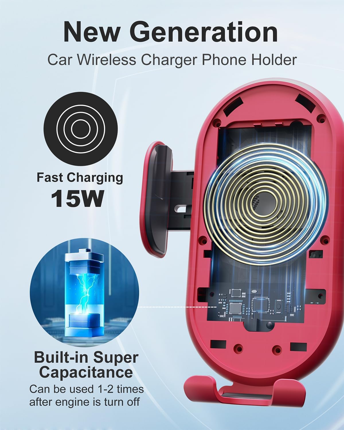 Bilious Wireless Car Charger, Phone Mount for Car Wireless Charger Smart Sensor Air Vent, Automatic Clamping Phone Holder Compatible with iPhone 15/14/13/12/11/XS/X, Samsung S22/S21/S20/Note20（Red）