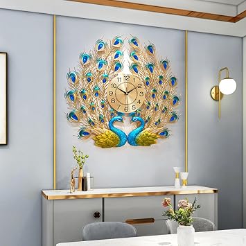 Large 3D Peacock Wall Clock Silent Crystal Creative Personality Modern Art Decorative Wall Clocks for Living Room Decor Battery Operated,Easy to Read