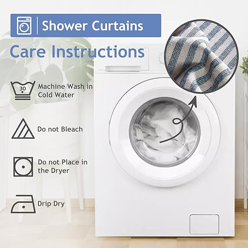 Miniatura 6 de Juego de cortinas de ducha de baño, cortinas de ducha a rayas azules y grises para baño, impermeable, lavable a máquina, tamaño de 72 x 72 pulgadas,