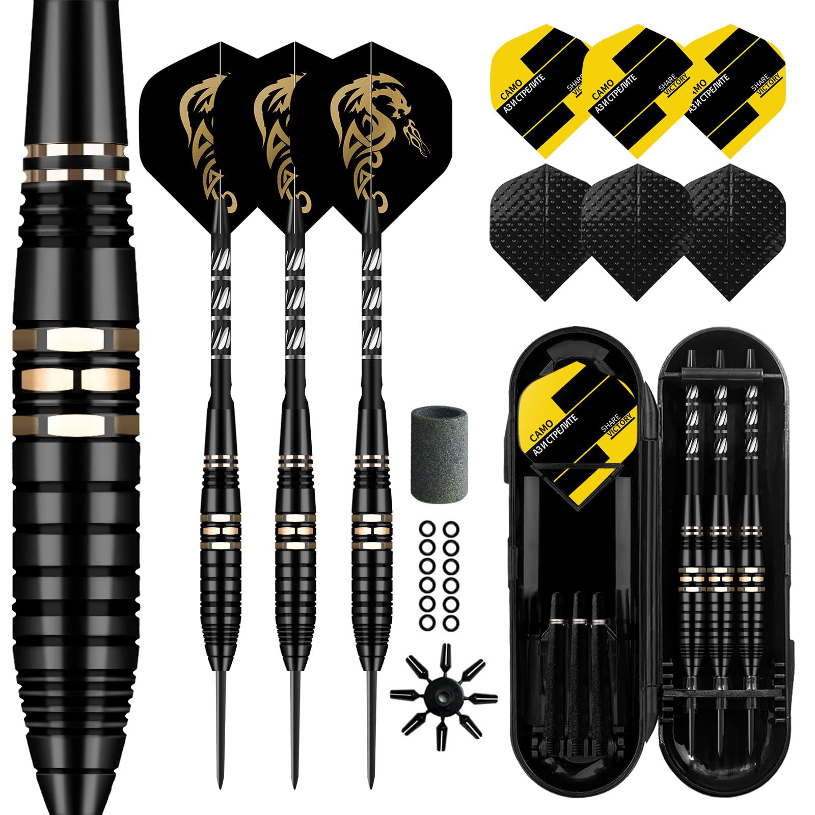 Lavishio Professional Steel Tip Darts Metal Tip Set with Extra 3 Dart Flights,3 Replace Plastic Shaft + Rubber O'Rings + Extra Flights + Dart Sharpene (Gold Black)
