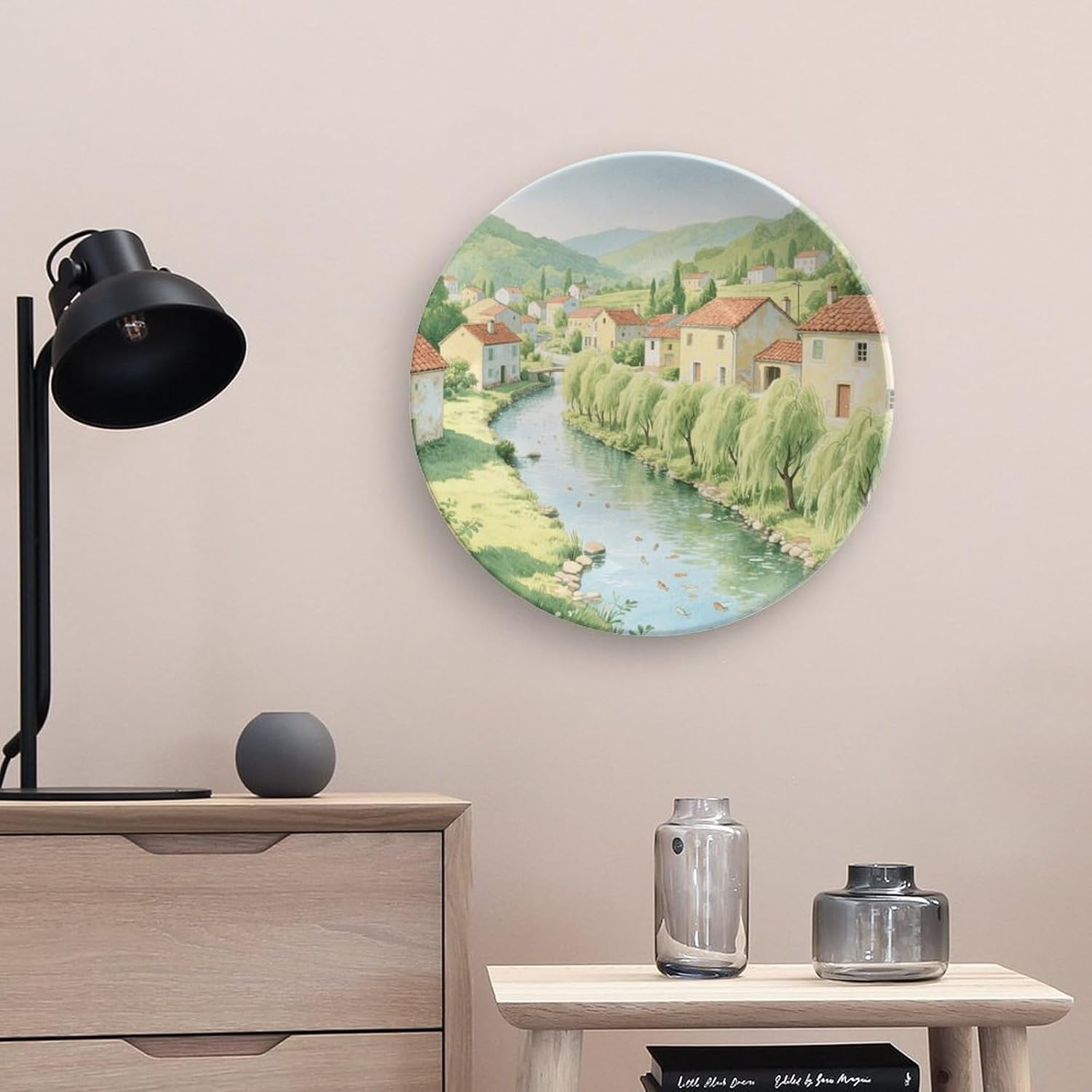 Bone China Decorative Plates Rural Town Ceramic Decorative Plate Wall Decor with Display Stand Ceramic Ornaments for Wall Hanging Decoration