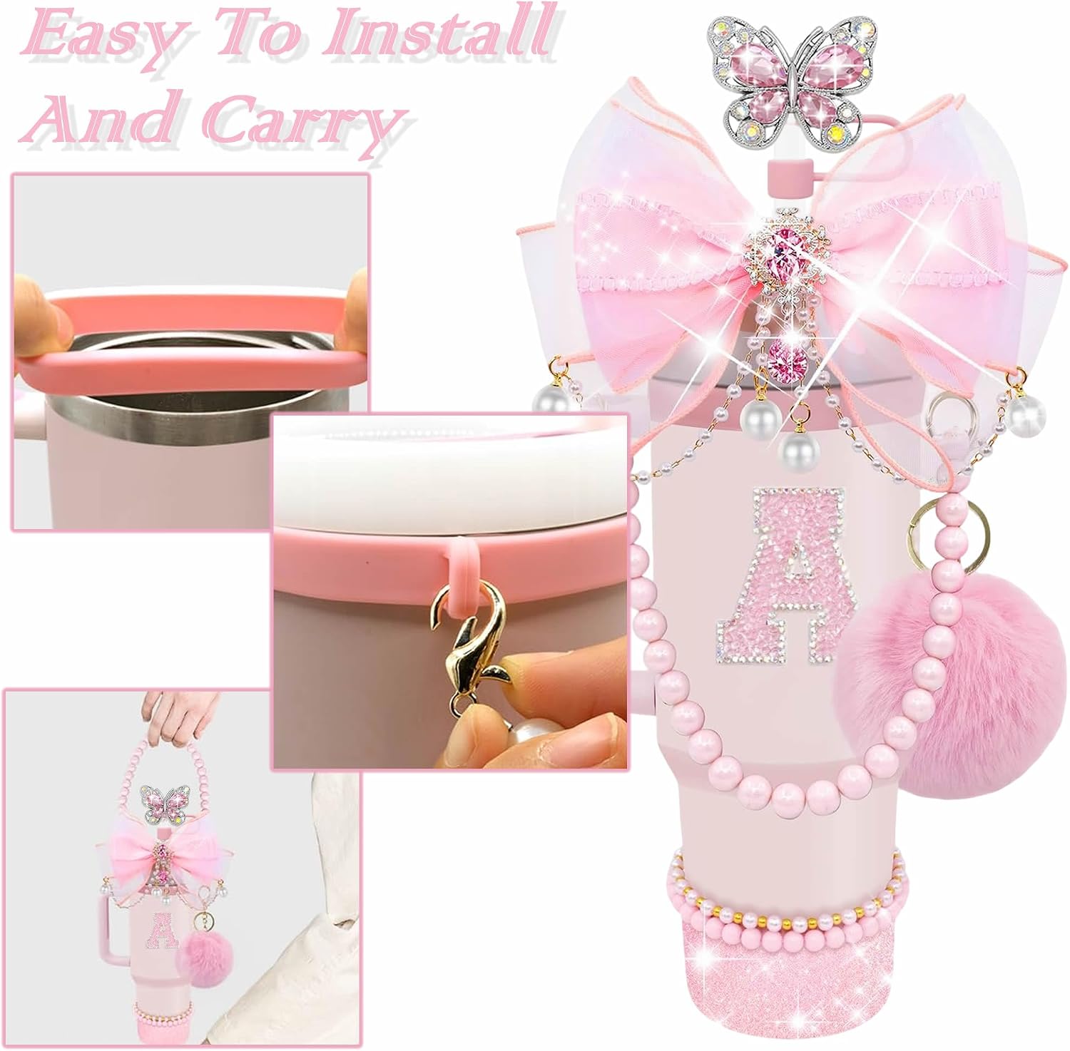 Letter Stickers Bling Accessories Set for Stanley 40/30/20 oz Tumbler: Bow Straw Topper, Charms, Butterfly Cap, Pearl Strap, Silicone Boot, Accessories for Stanley Quencher H2.0 image 2