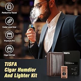TISFA Cigar Humidor, Leather Cigar Case with Cigar Lighter, Cigar Cutter V Cut, Cigar Stand 3 in 1, Portable Travel Humidor with Humidifier, Cigar Gift Cedar Wood Cigar Box (Dark Brown)
