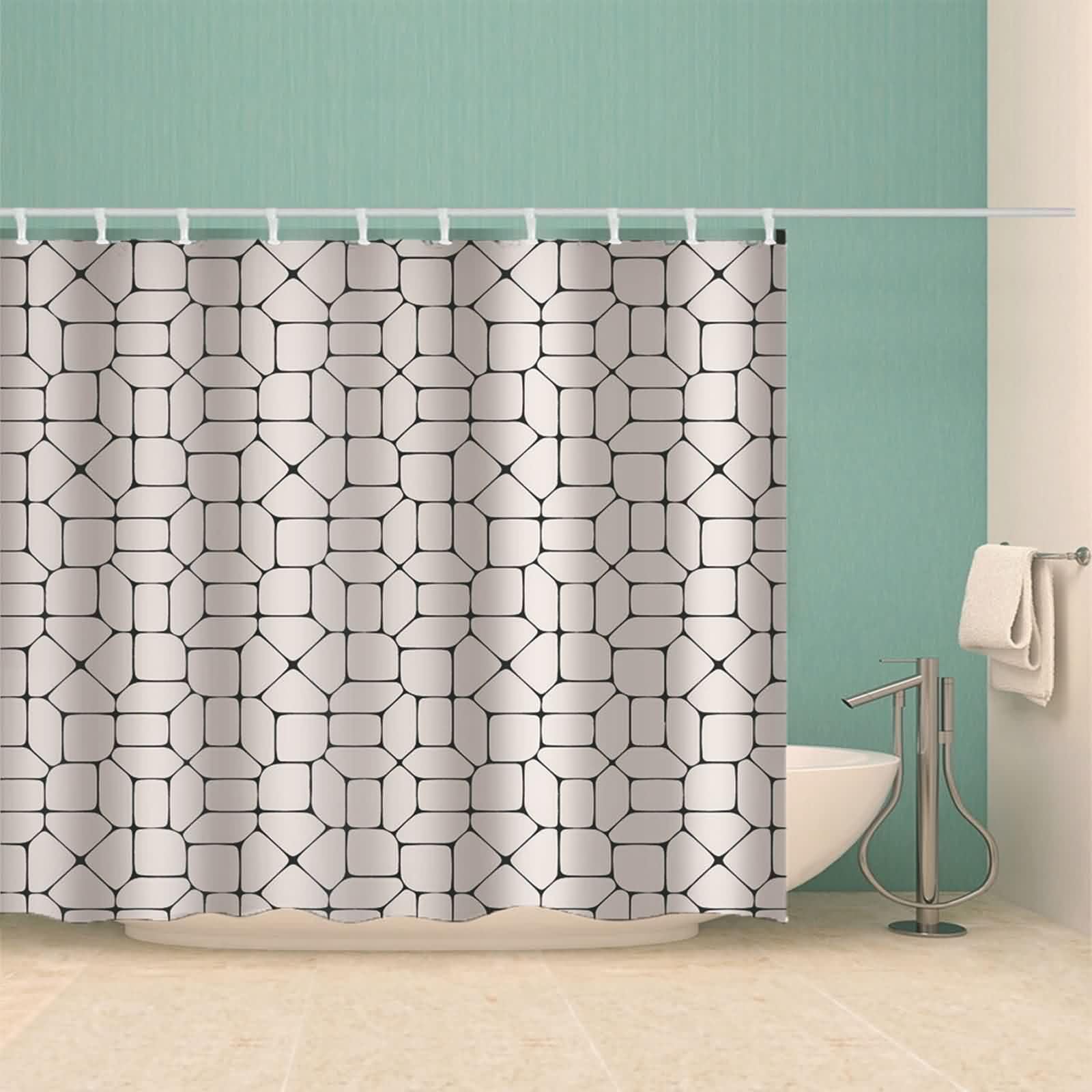 Cortina de ducha textil de tela negra y blanca, patrón geométrico, antimoho, cortina de baño de poliéster, impermeable, lavable, cortinas de ducha en el baño para bañera con anillos