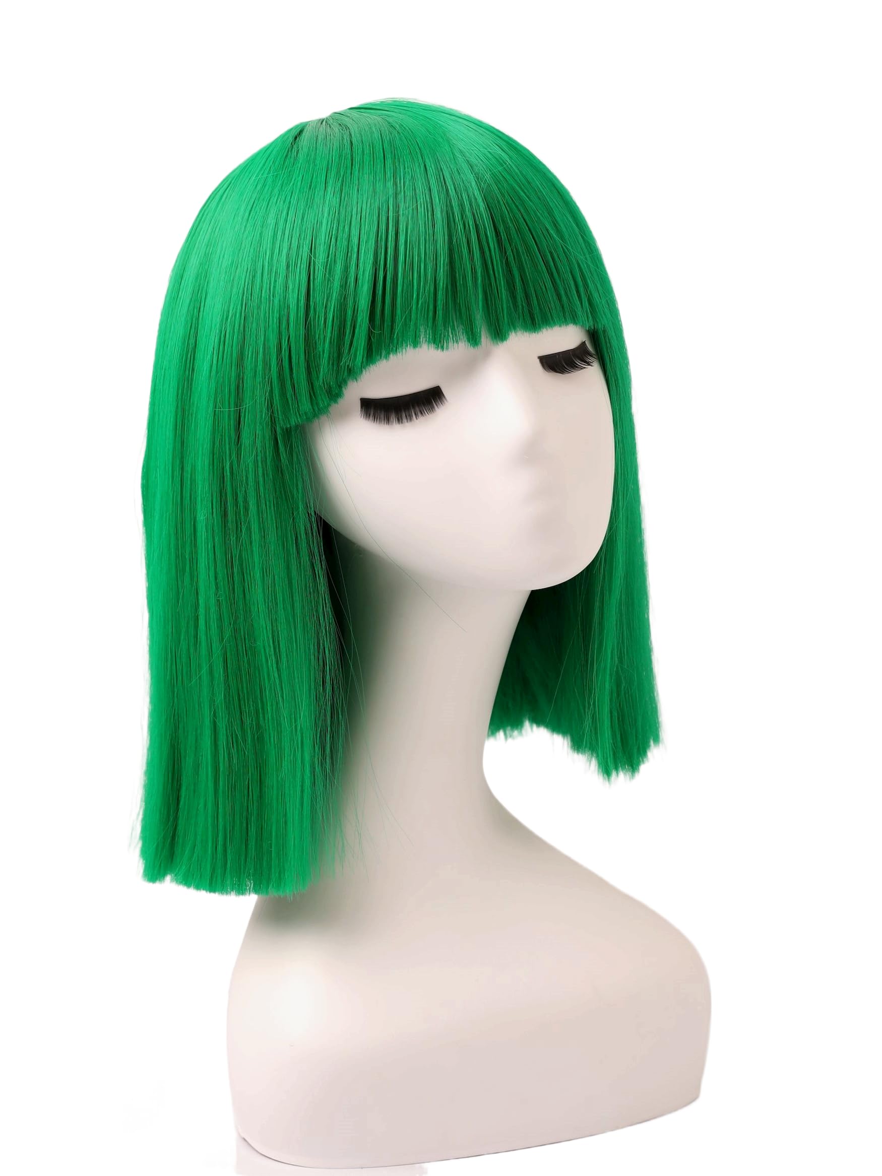 Prettyland Event Ladies Bob Straight Bangs Wig Medium Length Short Straight Heat Resistant Wig for Show Carnival Green C733