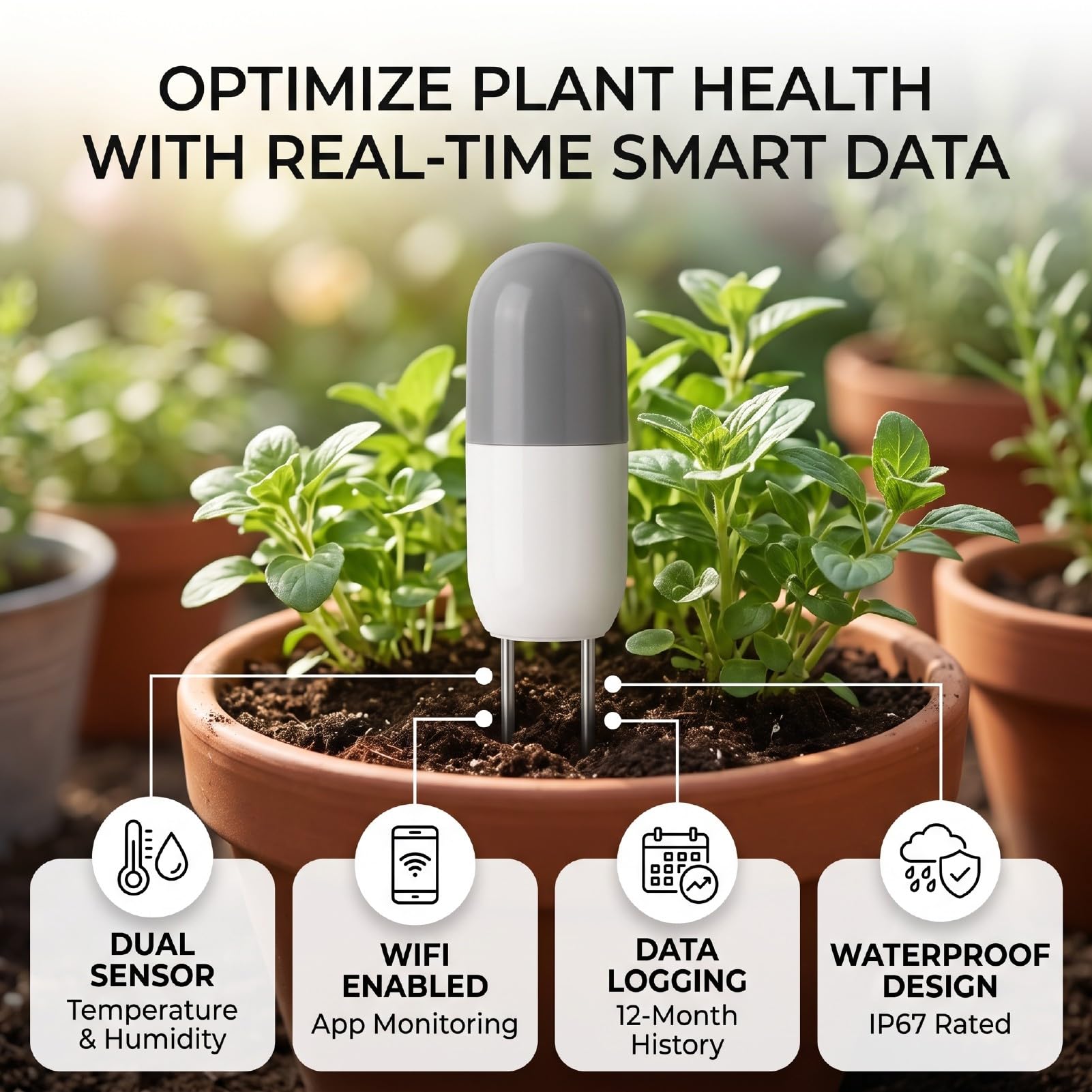 Sensor Inteligente de Humedad y Temperatura del Suelo ABS Wi Fi | Probador de suelo con sonda IP67, monitoreo de 32 a 140 °F, registros de datos de 12 meses, para jardines, plantas en