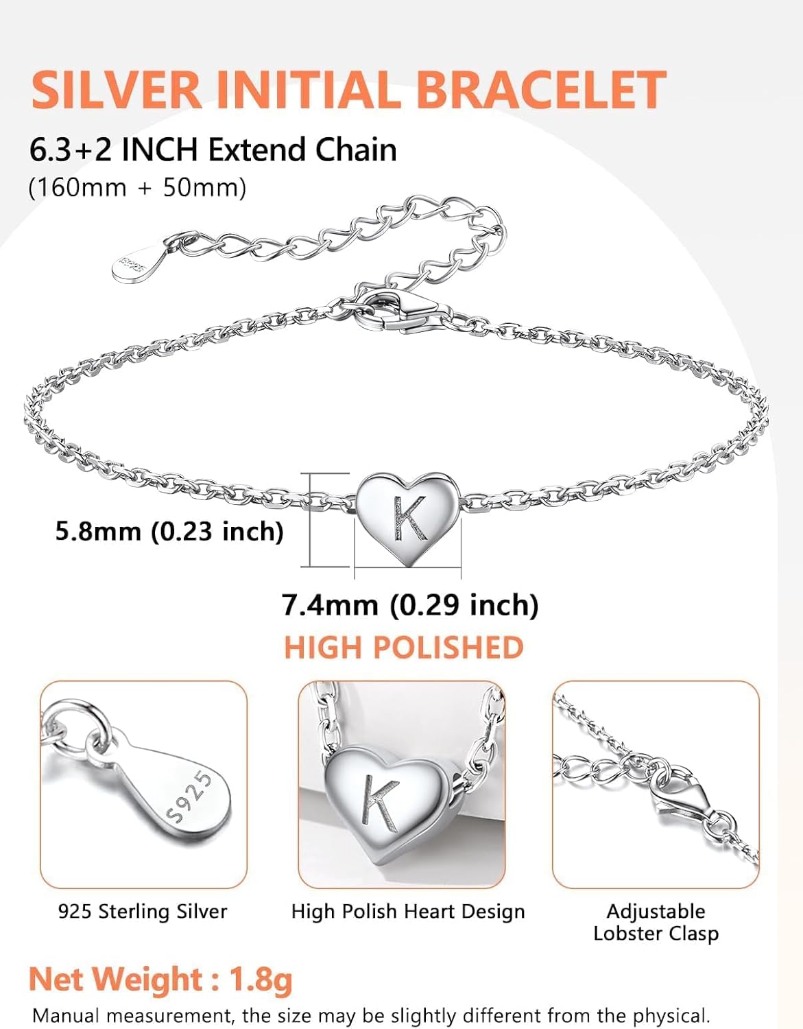 Sterling Silver Heart Letter Bracelets Silver Initial 18K White Gold Plated Bracelet Initial Charm 18K White Gold Plated Dainty Bracelet Jewelry Women Teen Couples Girlfriend - Image 7