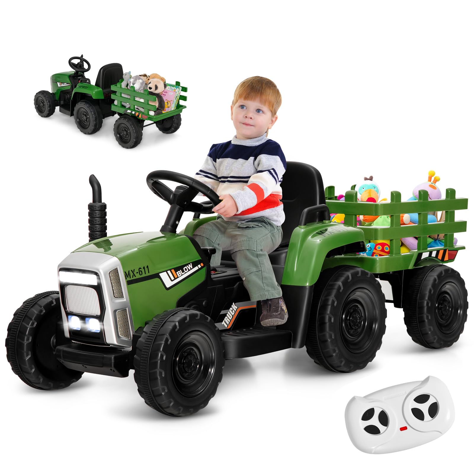 GOPLUS Tractor Eléctrico para Niños con Remolque de 12 V, Faro LED y Música, Coche Eléctrico para Niños con Mando a Distancia Parental, 3+ Años, Carga Máxima 30 kg (Verde Militar)